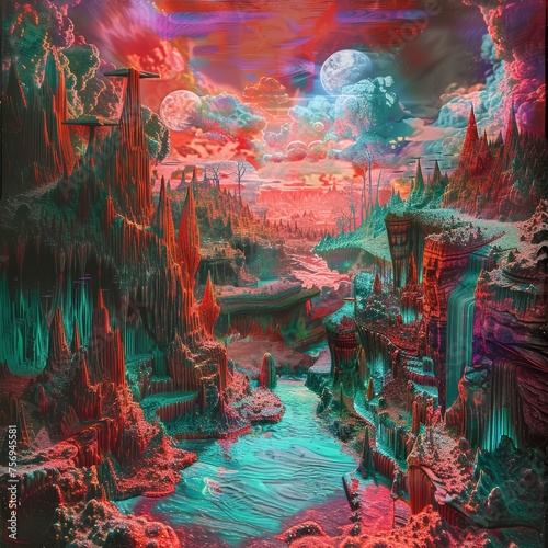 Vivid alien landscape with surreal colors and ethereal formations. Fantasy concept art for gaming and imaginative storytelling.