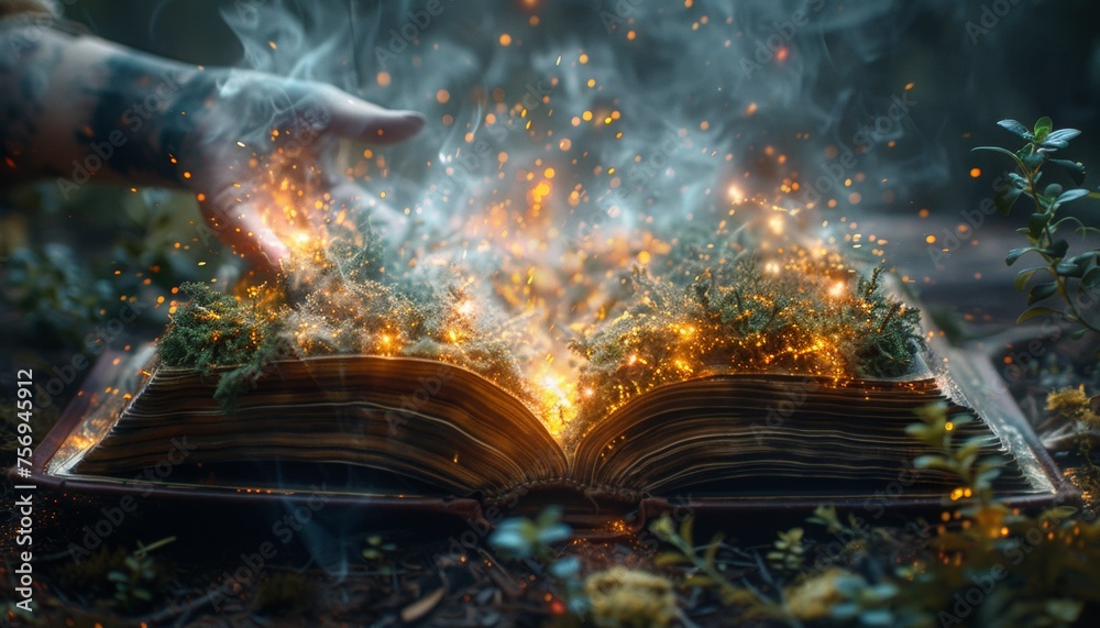 Obraz premium Magic and fabulous creations fly out of the magic open book, fantasy setting