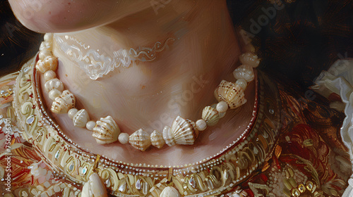 Detail: Woman Wearing Shell Jewellery, Beach Fashion Accessories, Seashell Necklace, Generative Ai