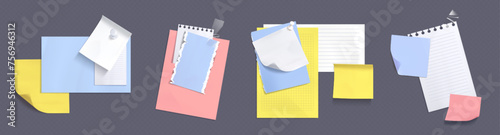 Memo note paper sheets attached with adhesive tape and pins. White and colorful notepad pages and stickers for memory writings. Realistic vector illustration set of frames for bulletin notice.