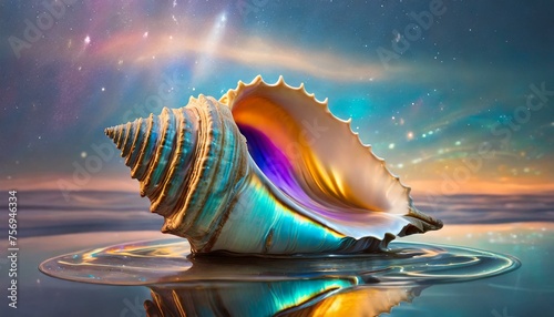 Iridescent Elegance: Conch Shell in Chromatic Liquid against Pastel Backdrop"