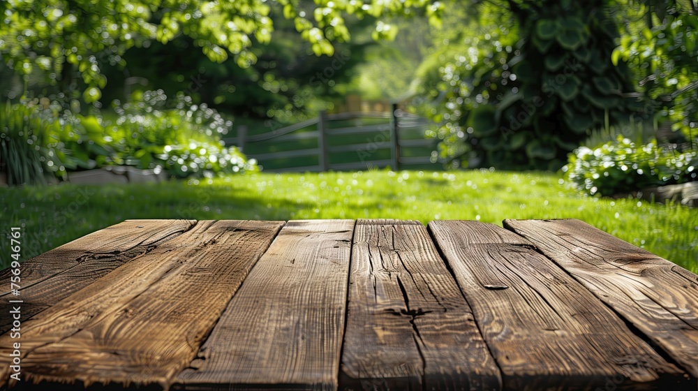 An old, empty wooden tabletop with a fresh green garden in the background.