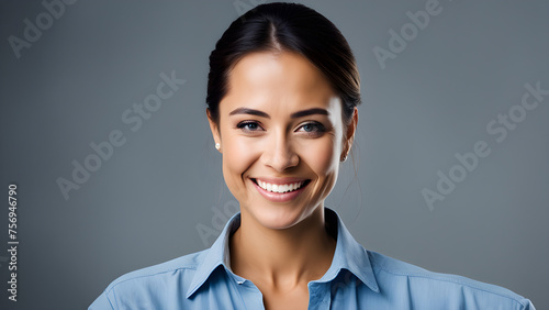 A confident female entrepreneur looking at the camera with a smile on a solid background 