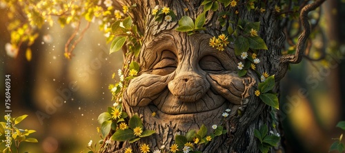Funny Tree character in fairy tales of spring forest