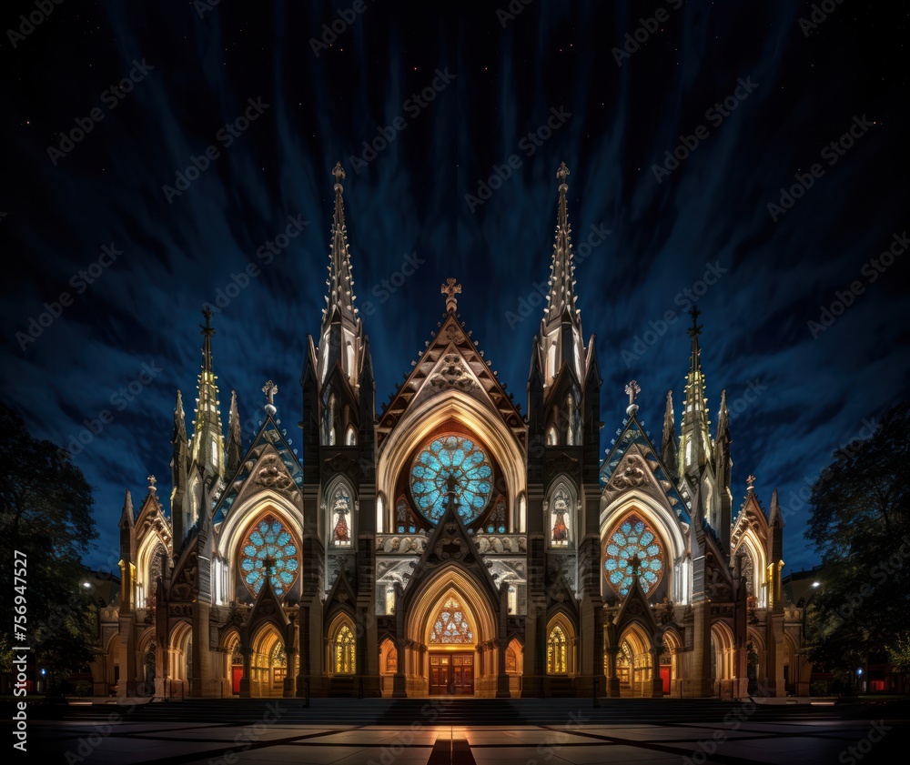 Christian and Catholic churches illuminated with beautiful lights.
