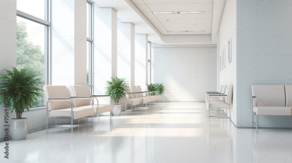 A long, bright hospital corridor with rooms and seating. A long, bright hospital corridor with rooms and seating.