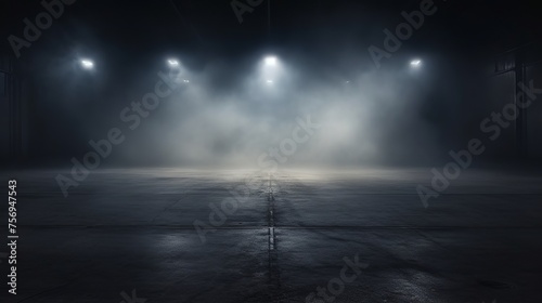 Texture of a dark concrete floor with fog or mist, set against a dark street backdrop with neon lights.