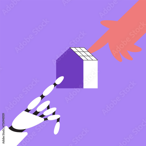 Installation of solar panel. Ai robot vs worker on the roof of a house installs photovoltaic solar panels of alternative energy. Electric batteries. Flat vector illustration.