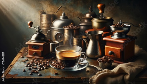 A still life scene featuring a clear glass cup of espresso, capturing the rich texture and crema, placed on an old metal surface.