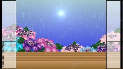 障子が開くと紫陽花が咲いている降っていた雨がやんで虹が出る動画 photo