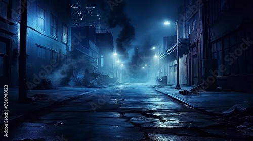 Dark street of the night city, Dark blue background, an empty dark scene, neon, spotlights reflecting on the asphalt floor, and a studio room with smoke floating up, a night view the city 