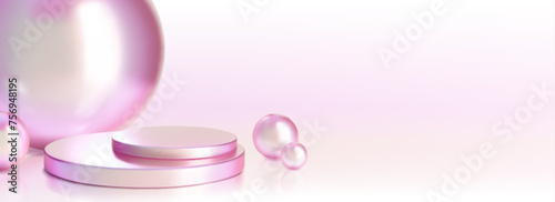 Hologram iridescent cylinder stairs podium with glass decorative sphere on abstract pastel gradient pink background. 3d metal showcase platform with holographic effect for goods demonstration.