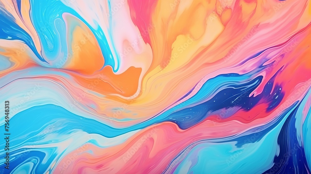 Vibrant abstract painting with fluid marbling paint creating an intense mix of colorful acrylics.