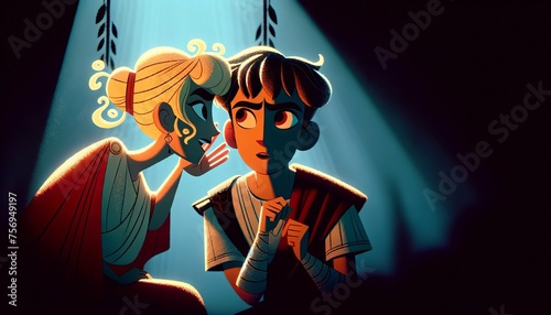 A whimsical, animated art style image showing Electra whispering into her brother Orestes' ear, set in a Greek mythology theme.