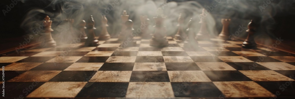 A chessboard where the squares tell stories of past games - obrazy, fototapety, plakaty 