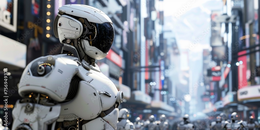 Fototapeta premium A cybernetic city where humans and AI coexist