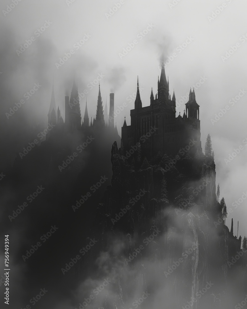 A dark fantasy castle shrouded in mist with secret passages and cursed treasures