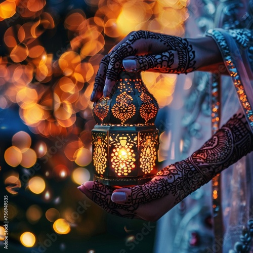 Intricate henna hands holding a luminous lantern photo