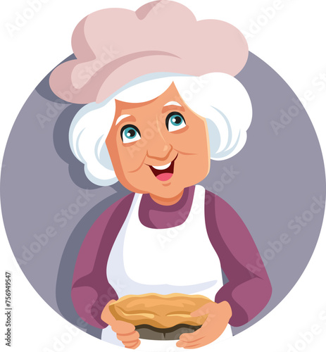 Happy Smiling Granny Holding a Pie Vector Cartoon Character. Traditional grandmother cooking after her famous recipe 
