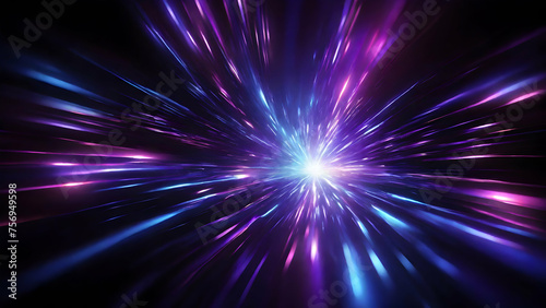 Abstract Background of Blue and violet beams of bright laser light shining on black background