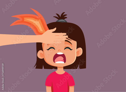 Mom Checking her Daughter Burning with Fever Vector Illustration. Daughter suffering from feverish symptoms worried her mother
