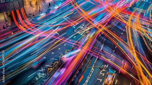 Traffic Flow Lines:colorful lines representing traffic flow on a city street, emphasizing the role of automobiles in transportation