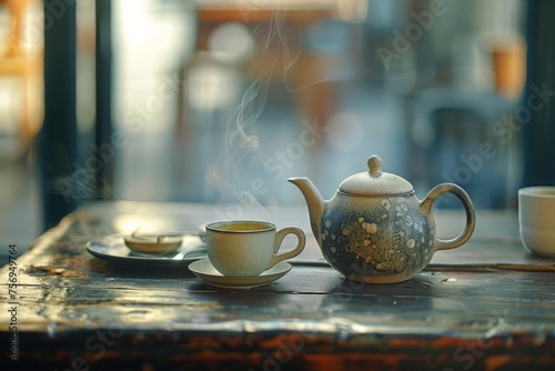 Artistic teapot with whimsical smoke shapes rising, creating a magical and imaginative tea brewing experience.