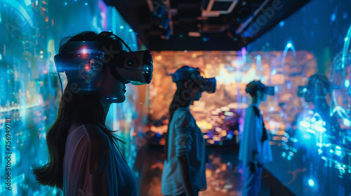 Futuristic Metaverse Digital Virtual Reality Technology. People with glasses and a headset VR connected to the virtual in pubic space