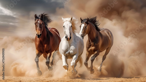 Horses with Long Mane Portrait Run Gallop in Desert, Generative Ai © Dzynee