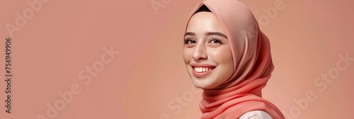 Full portrait of a young hijabi smiling woman. Peach pastel color background. Banner