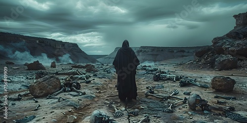 Ezekiel stands in a desert valley surrounded by scattered bones dramatic. Concept Desolate Landscape, Ezekiel the Prophet, Scattered Bones, Dramatic Setting, Biblical Scene photo