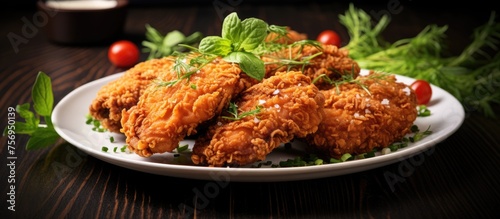 A delicious dish featuring fried chicken and vegetables placed on a white plate, set on a wooden table. This staple food is a popular cuisine made by deep frying meat and produce