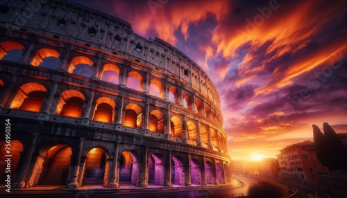 The Colosseum under a breathtaking sunset, with the sky painted in vibrant shades of orange, pink, and purple.