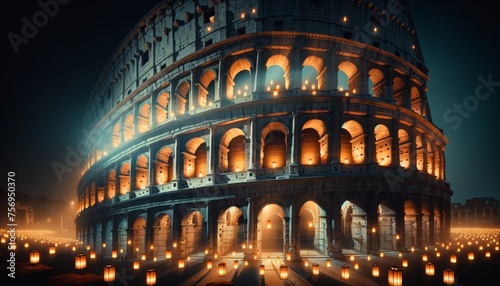 The Colosseum at night, lit up by hundreds of lanterns, creating a magical atmosphere.