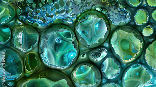 Microscopic capture of Cyanobacteria details, emphasizing the complex structures and striking blue-green pigmentation essential for life. photo