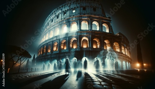 A ghostly, ethereal image of The Colosseum, with transparent figures of gladiators and ancient Romans appearing as if echoes of the past are momentari.