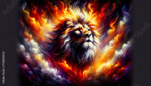 A majestic lion emerging from an abstract fiery background, symbolizing the strength and royalty of the Lion of Judah. photo