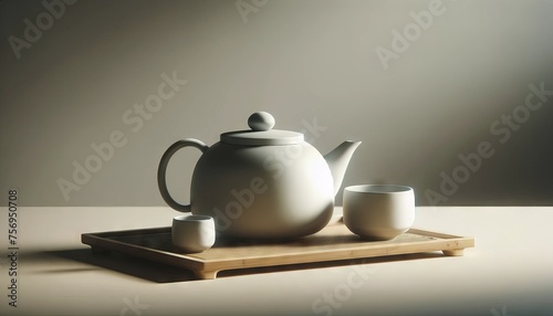 A minimalist tea setup featuring a modern, sleek teapot with matching cups on a bamboo tray. © FantasyLand86