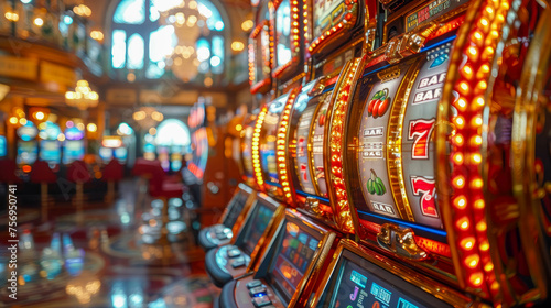 Slot machine in casino. Abstract blurred background. Casino gambling concept