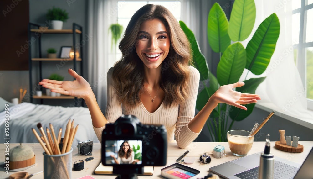An image of a vlogger recording a new segment for her lifestyle channel, the vlogger is smiling and animated, gesturing towards the camera as if expla. - obrazy, fototapety, plakaty 