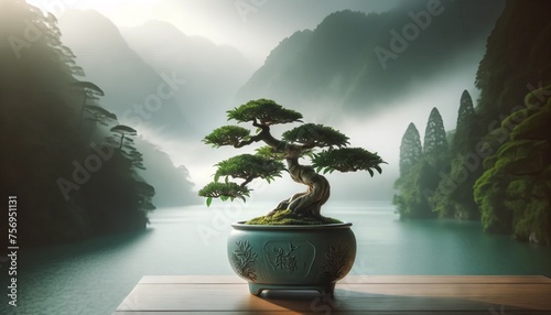 A bonsai tree in an elegant ceramic pot positioned on a window-side table, with a serene, foggy lake view in the background. © FantasyLand86