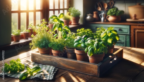 An herb garden tray with various herbs like basil, mint, and parsley on a kitchen window sill, with morning light streaming in. © FantasyLand86