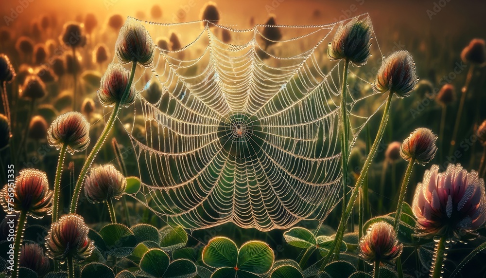 A detailed image showing a close-up of a spiderweb woven between clover stems, with the delicate threads beaded with morning dew. - obrazy, fototapety, plakaty 