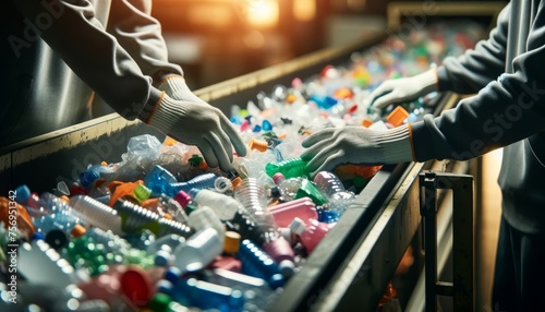 A close-up of hands with gloves sorting through a pile of various plastic items on a conveyor belt, focusing on the different colors and shapes of the.