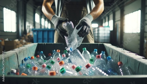 A medium shot of a worker's hands placing plastic bottles into a large transparent recycling bin.