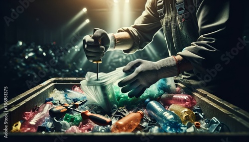 A close-up shot of hands using tools to dismantle a plastic item, showing the separation of different types of plastics.