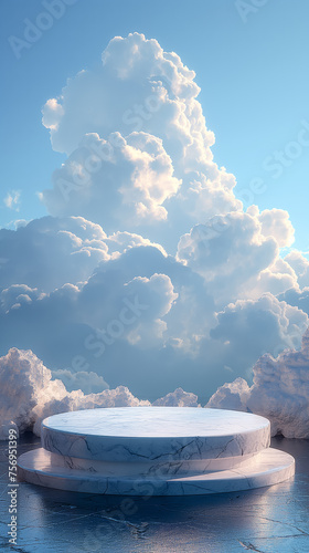 Marble podium ascending amidst fluffy clouds, under a clear sky, reflecting a tranquil and dreamlike showcase © TH_Stock