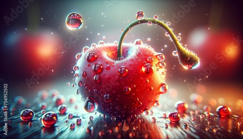 A whimsical animated close-up of a single cherry with exaggerated drops of water on its surface, showcasing intricate textures.