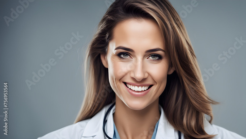 A confident female doctor looking at the camera with a smile on a solid background
