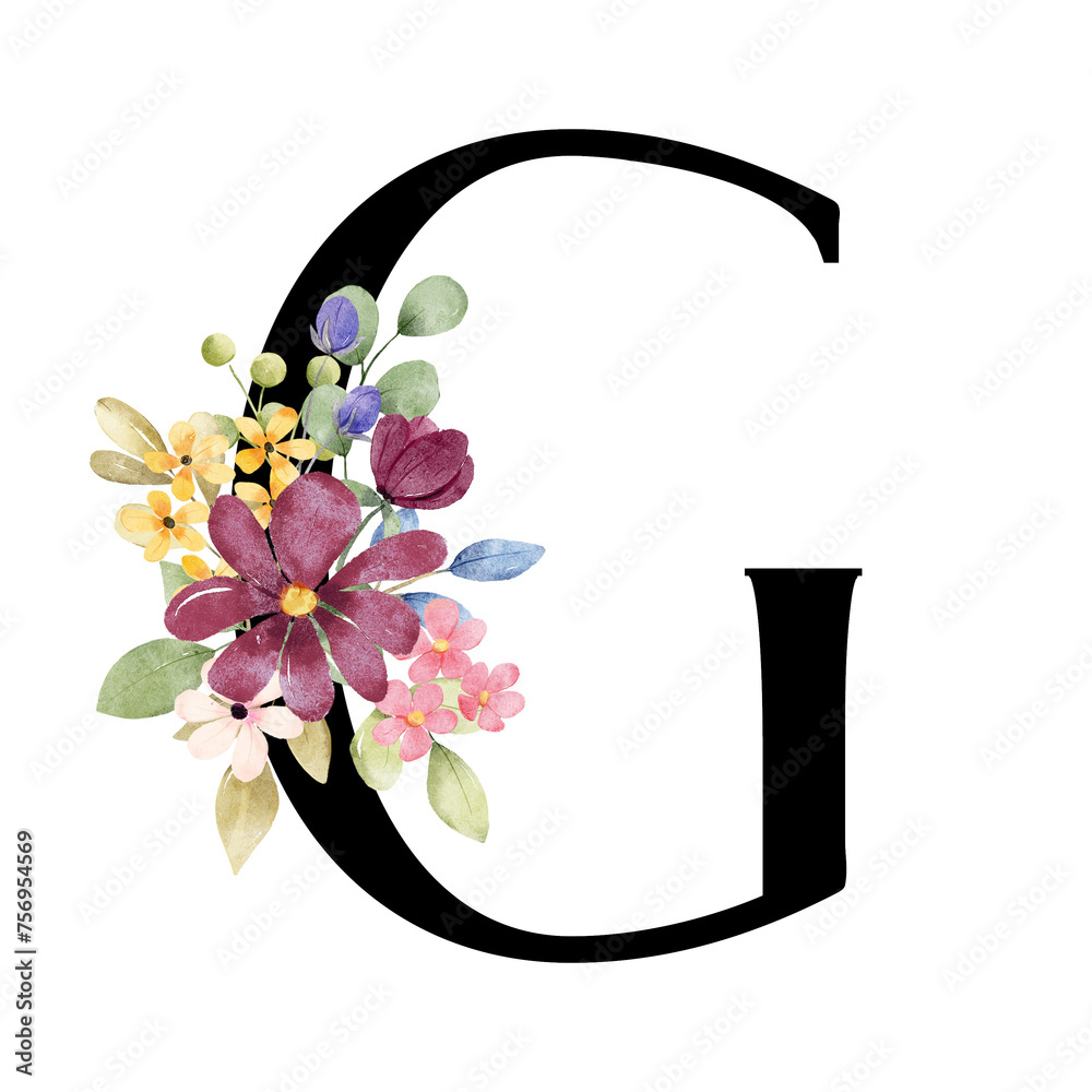 Letter G with watercolor flowers and leaf. Monogram initial, letterhead ...
